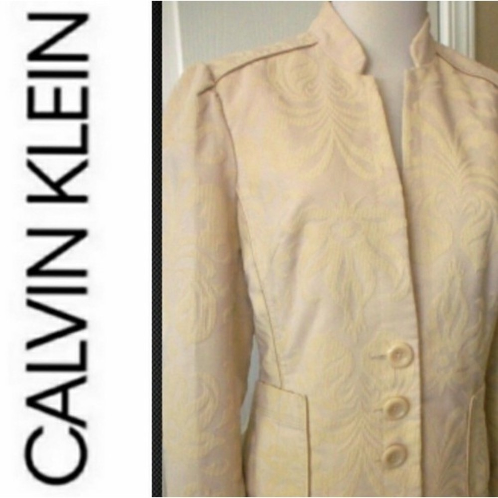 NWOT | CALVIN KLEIN BLAZER BEIGE TAN JACQUARD SUIT COAT STAND UP COLLAR WOMENS M